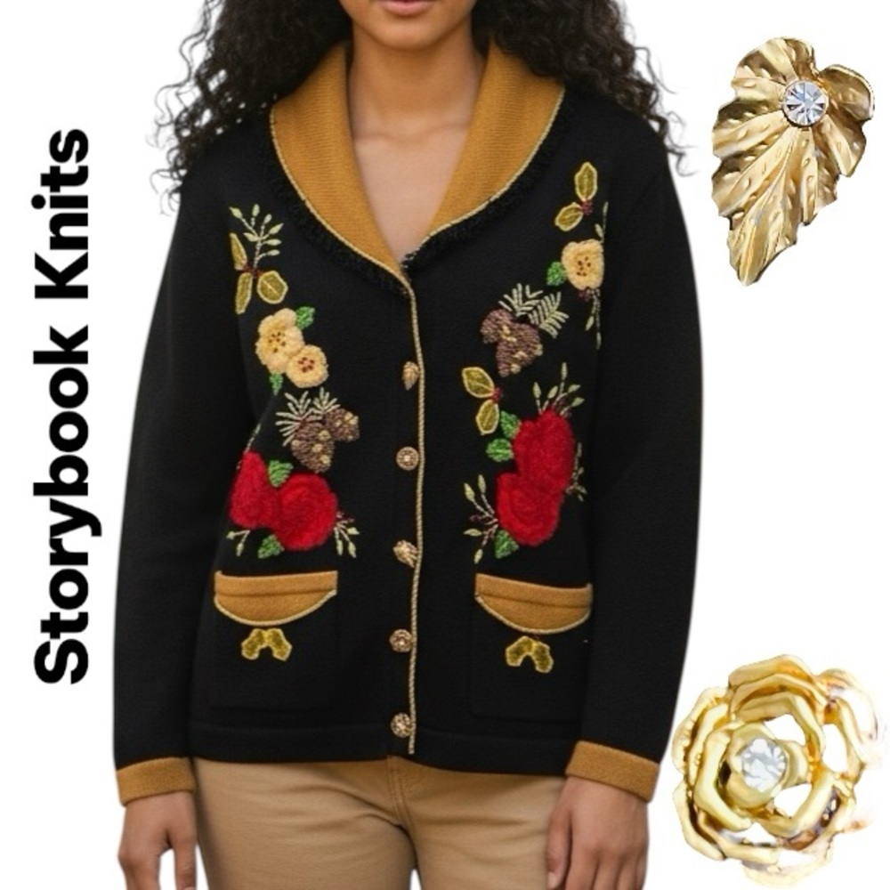 Vintage Storybook Knits Cardigan Floral Gold/ Floral & Leaf Button Sweater Sz M